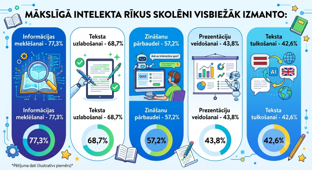 Start IT aptauja: Latvijas skolēni visvairāk mākslīgo intelektu izmanto informācijas meklēšanai.